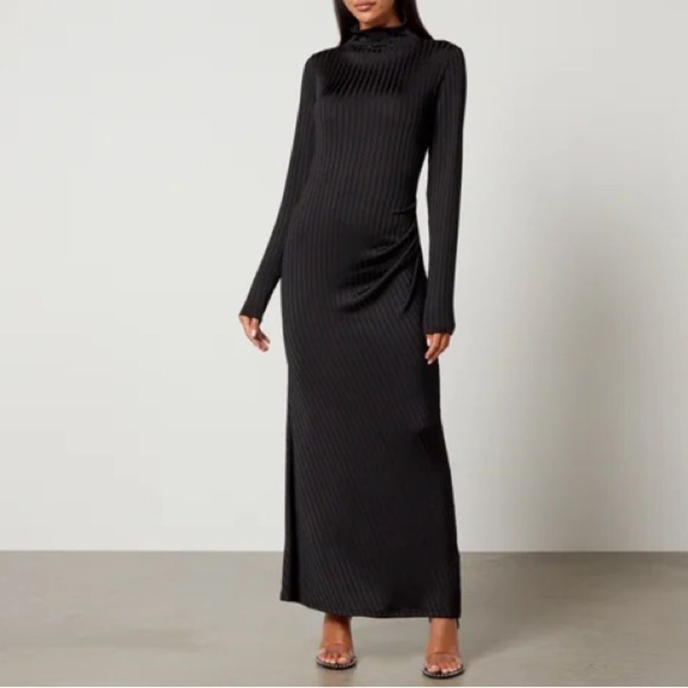 Good American Shine Rib-Knit Funnel Tick Midi Dress XS‎ Black nwt